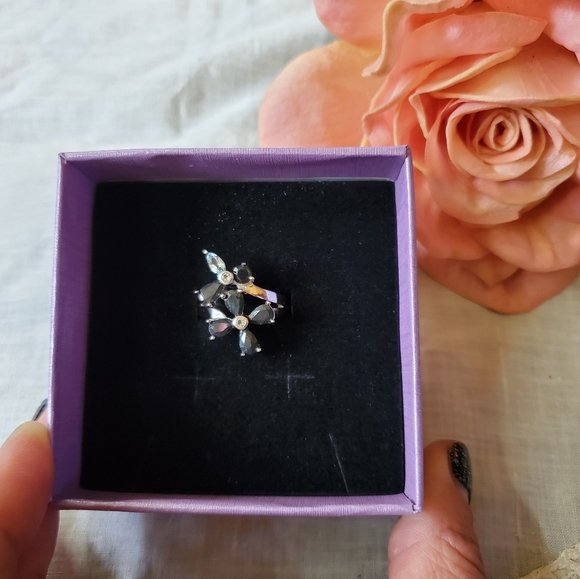 Sterling Silver 925 Blue Topaz Black Sapphire Ring Flower Floral SIZE 7.75 J-475 - Picture 11 of 12